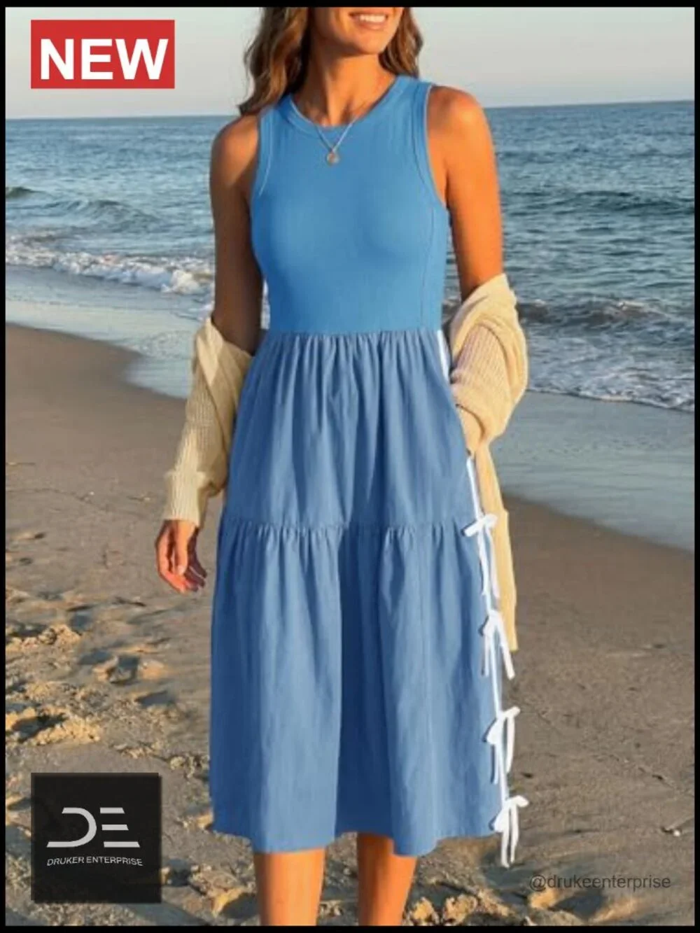 Sleeveless Midi Dress Summer Ribbed Knit Patchwork Self-Tie Bow Active Tank